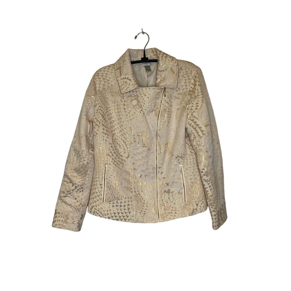 Chico’s Gold Shimmer Moto Asymmetrical Zip Jacket EUC Sz 8 Cotton Jacquard